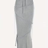 elveswallet  Solid Knitted Drawstring Waist Side Shirring Skirt, Casual Asymmetrical Ankle Skirt . Women's Clothing