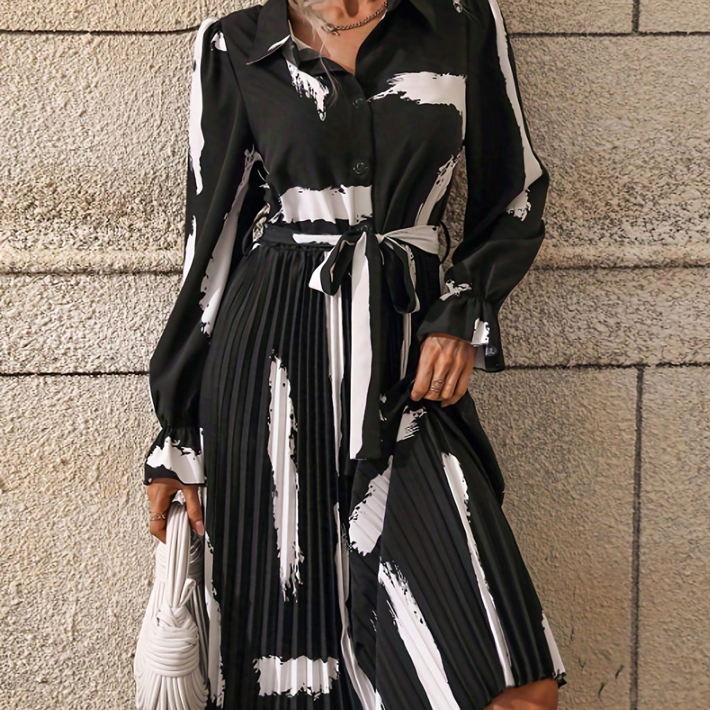 elveswallet  Brush Print Pleated Belted Dress, Elegant Button Front Long Sleeve Dress, Women's Clothing