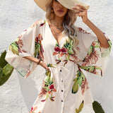 Floral Print V Neck Drawstring Dress, Casual Half Sleeve Button Up Mini Dress For Summer, Women's Clothing