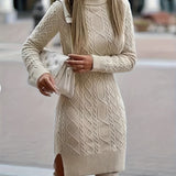 elveswallet  Solid Turtleneck Split Knitted Dress, Elegant Long Sleeve Dress For Fall & Winter, Women's Clothing
