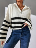 elveswallet  Striped Pattern Half Zip Pullover Sweater, Casual Bell Sleeve Sweater For Fall & Winter, Women's Clothing