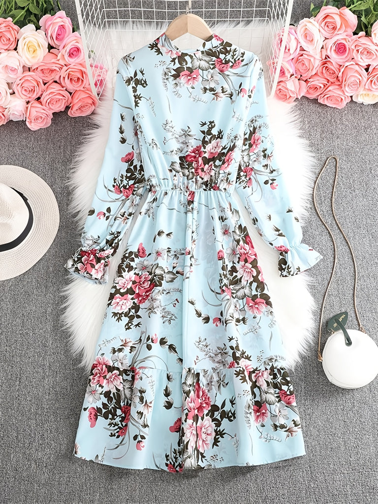 Floral Print Bow Tie Dress, Casual Long Sleeve Dress For Spring & Fall, Women's Clothing