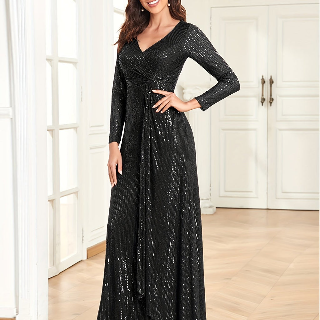 Sequins V Neck Evening Dress, Elegant Long Sleeve Waist Guest Prom Cocktail Floor Length Dress, Women's Clothing