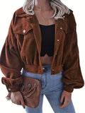 elveswallet  Lapel Corduroy Jacket, Casual Crop Lantern Long Sleeve Jacket For Fall & Winter, Women's Clothing