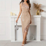 elveswallet  Sequined Tassel Dress, Elegant Split One Shoulder Sleeveless Maxi Dress For Party & Banquet, Women's Clothing