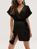 Beach V Neck Wrap Dress, Solid Casual Dress For Summer & Spring, Women's Clothing