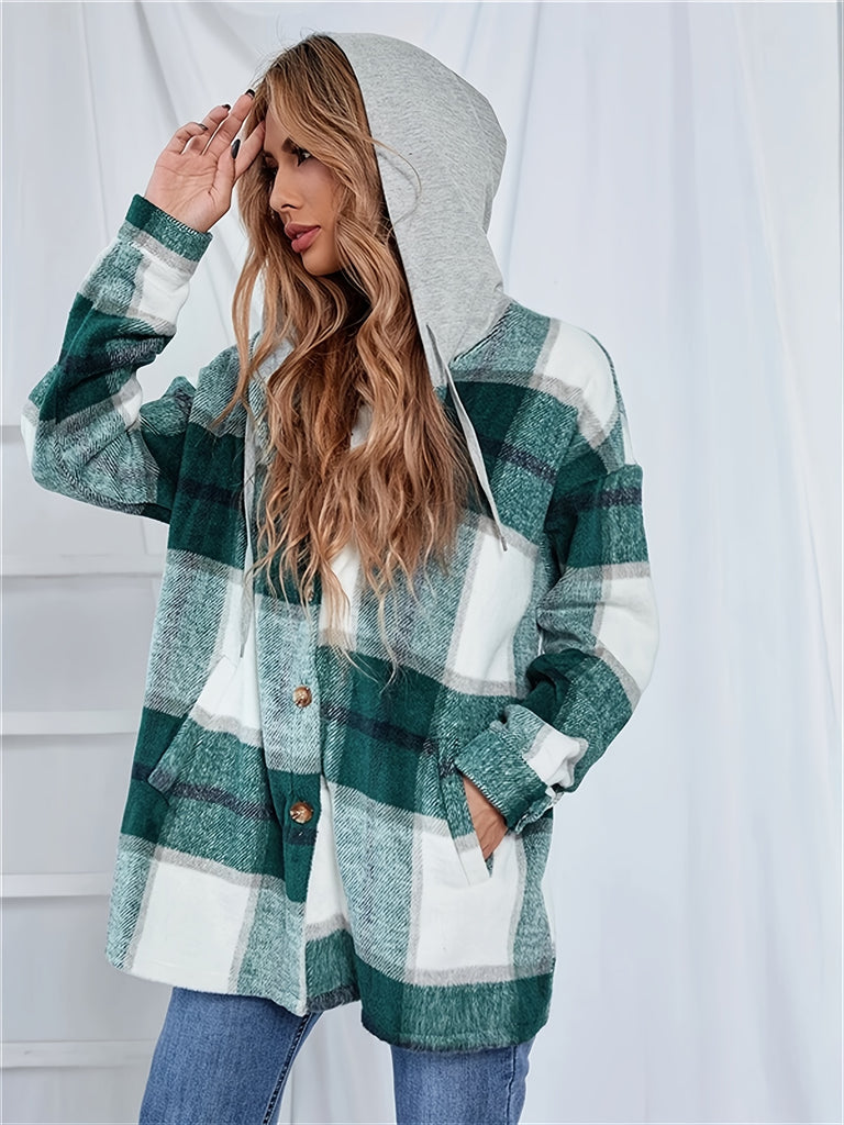 Plus Size Casual Coat, Women's Plus Colorblock Plaid Print Drawstring Hooded Long Sleeve Button Up Overcoat With Pockets
