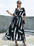 elveswallet  Flutter Sleeve Belted Maxi Dress, Casual Dress For Spring & Summer, Women's Clothing