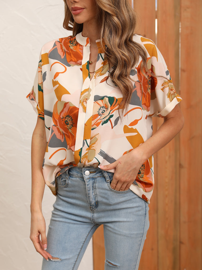 Floral Print Rolled Sleeve Blouse, V Neck Casual Summer Blouse, Women's Clothing