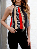 Striped Print Sleeveless Blouse, Elegant Keyhole Blouse For Spring & Summer, Women's Clothing