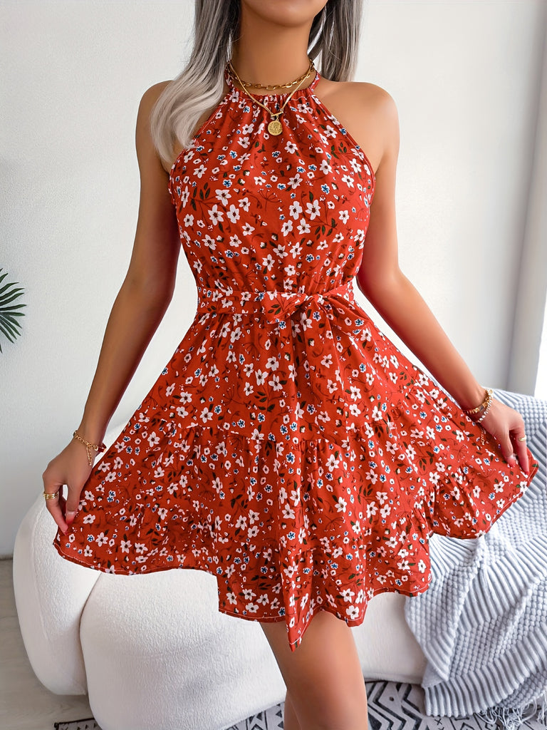 elveswallet  Floral Print Belted Beach Dress, Sleeveless Casual Vacation Dress For Summer & Spring, Women's Clothing