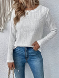 elveswallet  Eyelet Solid T-shirt, Casual Crew Neck Long Sleeve T-shirt, Women's Clothing
