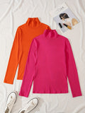 2 Pieces Turtle Neck T-Shirts, Versatile Long Sleeve T-Shirts For Spring & Fall, Women's Clothing