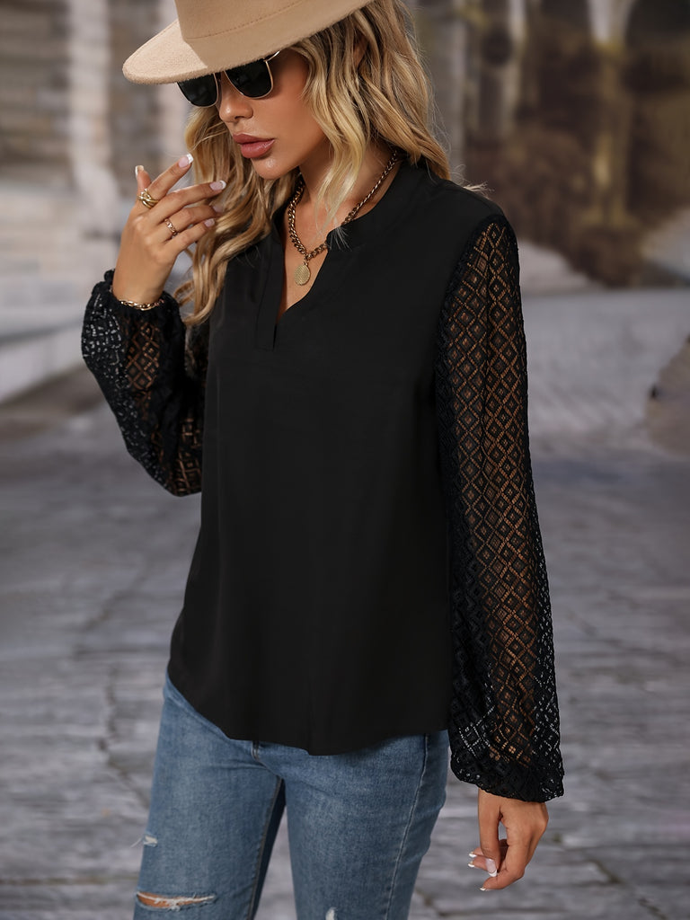 elveswallet  Solid Crew Neck Long Mesh Sleeve Lace Shirt, Mature Loose Hollow Out Shirt, Women's Clothing