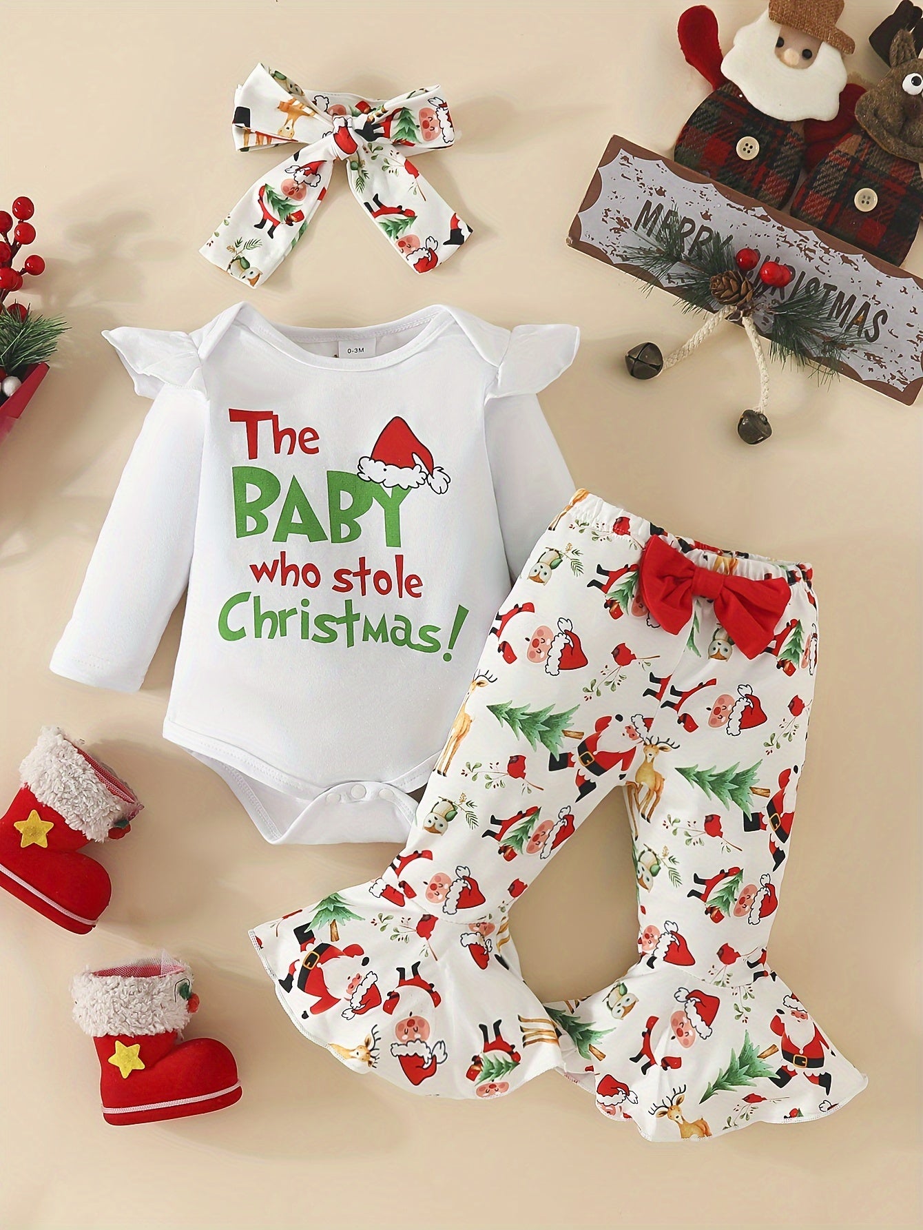 2pcs Baby's THE BABY WHO STOLE CHRISTMAS Print Bodysuit + Hairband + Bow Decor Bell-bottom Pants, Toddler & Infant Girl's Clothing Set, Outdoor Cloth