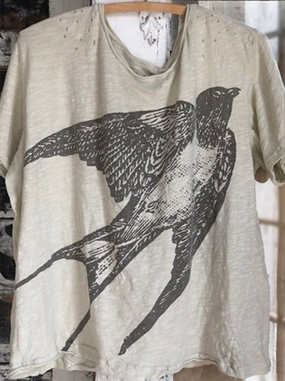 Elveswallet Bird Pattern Casual Loose Short Sleeve Top