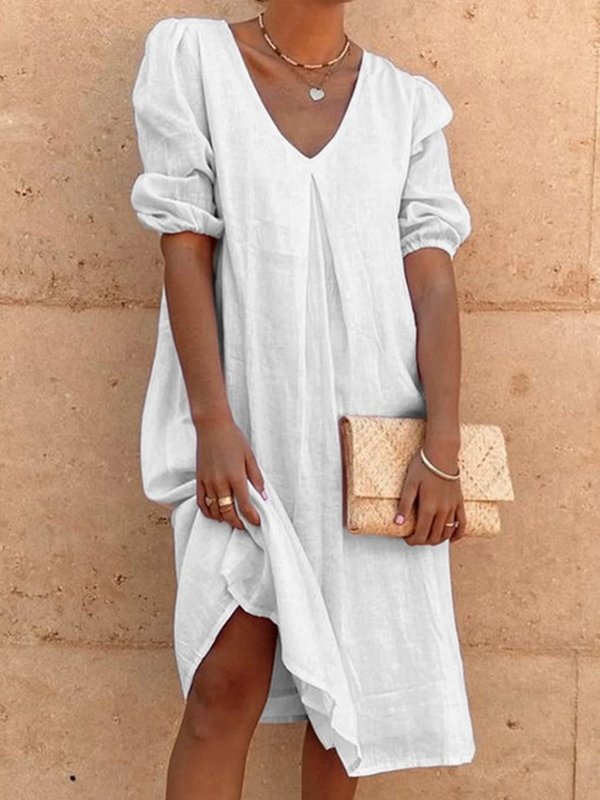 V-neck Casual Linen Shift Dress