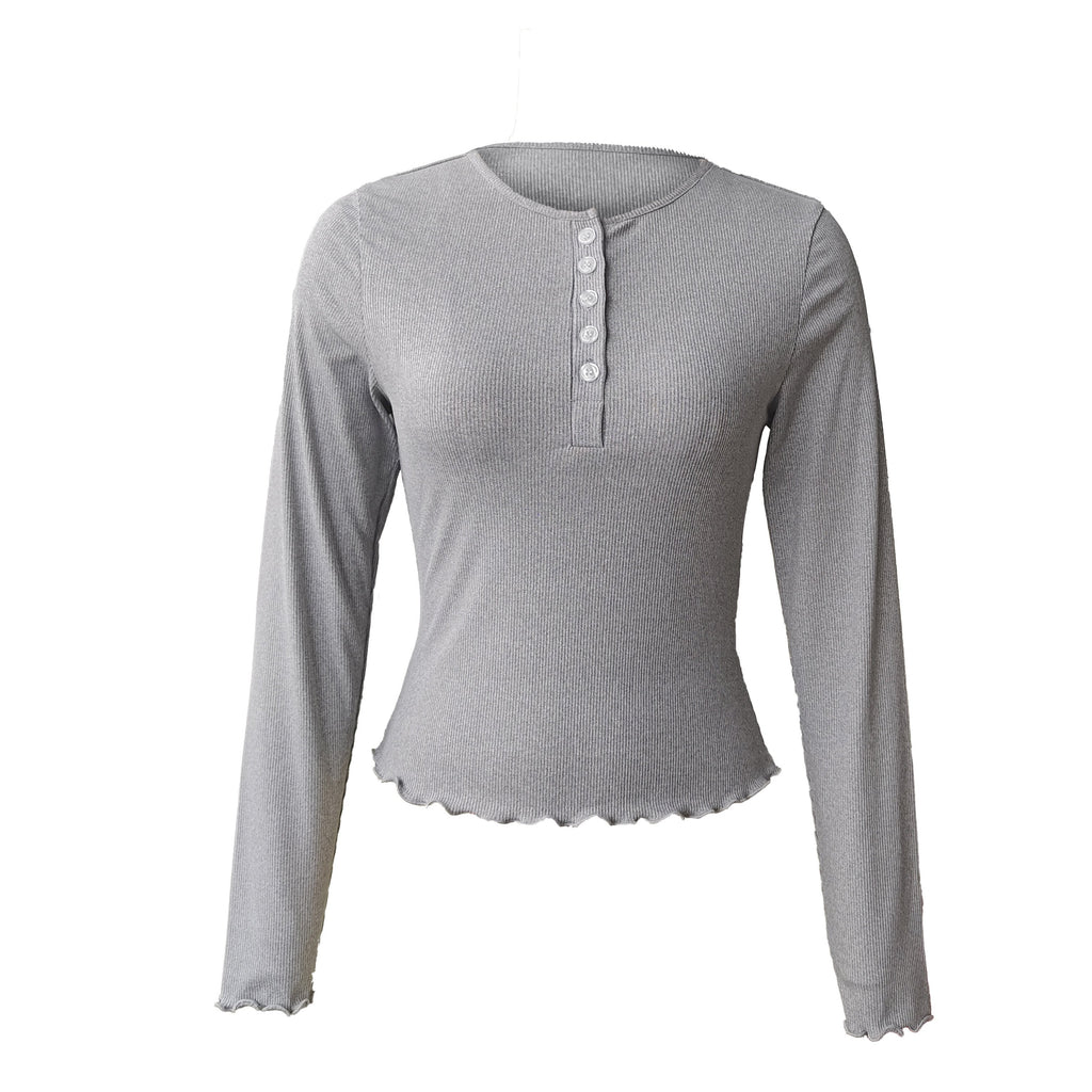 Ribbed Button Front Crew Neck T-Shirt, Casual Long Sleeve Top For Spring & Fall, Women's Clothing