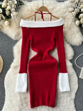 elveswallet  Contrast Trim Halter Neck Dress, Elegant Sweater Bodycon Dress For Spring & Fall, Women's Clothing