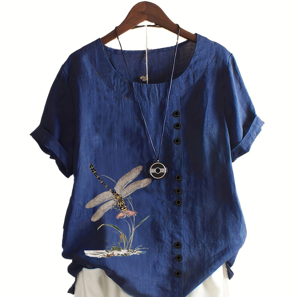elveswallet  Plus Size Casual Top, Women's Plus Dragonfly Print Button Decor Short Sleeve Round Neck T-shirt