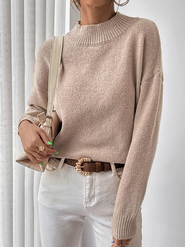 elveswallet  Loose Mock Neck Sweater, Casual Long Sleeve Fall Winter Knit Sweater, Women's Clothing