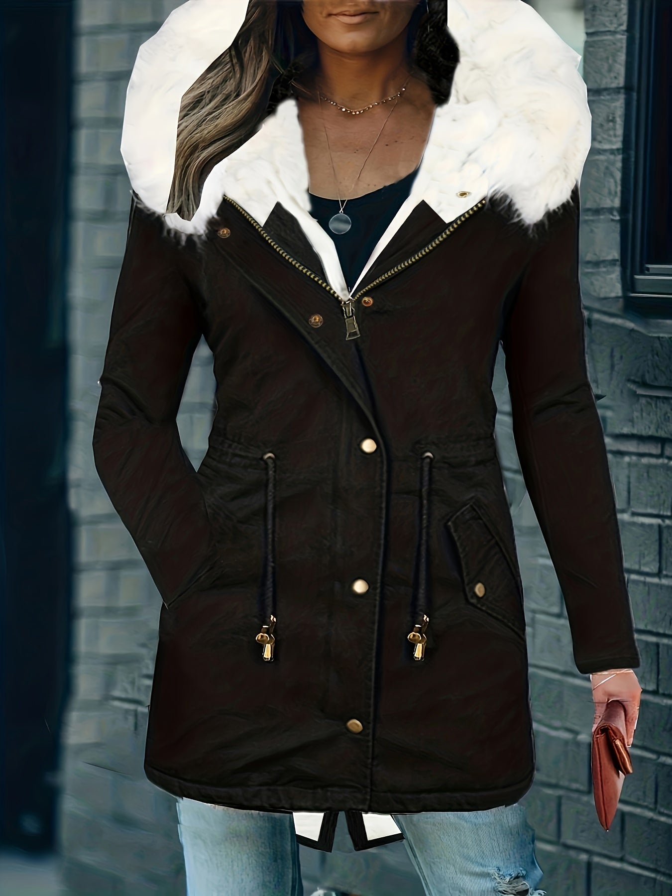 elveswallet Faux Fur Hood Drawstring Parka Coat