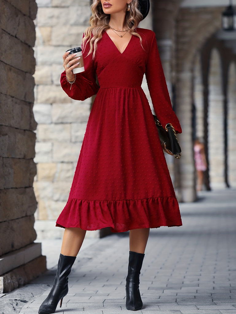 Solid Ruffle Hem Dress, Elegant V Neck Long Sleeve Midi Dress, Women's Clothing