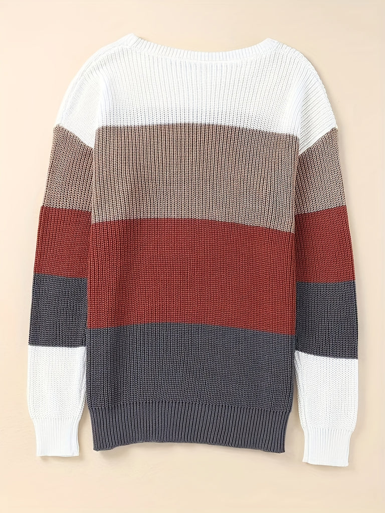 elveswallet  Striped Pattern Knitwear Tops, Crew Neck Long Sleeve Pullover Sweaters, Color Block Shirts, Women's Clothing
