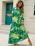 elveswallet  Tropical A-Line Maxi Dress, Long Sleeve Waist Tie Printed Dress, Casual Dresses For Spring & Fall, Women's Clothing