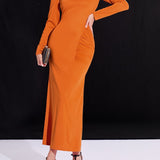 elveswallet  Crew Neck Split Long Dress, Casual Solid Long Sleeve Waist Bodycon Party Dresses, Women's Clothing