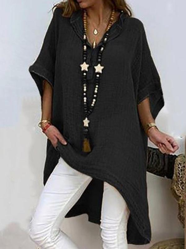 Plain Asymmetric Three-Quarter Sleeve Long Blouse