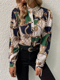 Graphic Print Button Front Blouse, Elegant Long Sleeve Stand Collar Blouse, Women's Clothing