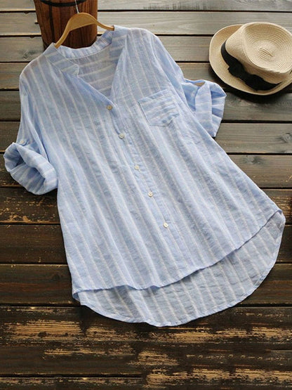 Elveswallet Striped Women's 3/4 Sleeve Button Down Linen Shirts