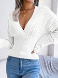 elveswallet  Solid Deep V Neck Pullover Sweater, Casual Long Sleeve Cinched Waist Sweater For Spring & Fall, Women's Clothing