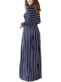 elveswallet  Striped Print High Waist Dress, Casual Crew Neck Long Sleeve Maxi Dress, Women's Clothing