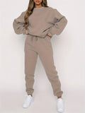 Solid Casual Two-piece Set, Crew Neck Long Sleeve Tops & Drawstring Jogger Pants Oufits, Women's Clothing