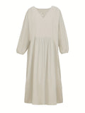 elveswallet  Plus Size Casual Dress, Women's Plus Solid Long Sleeve V Neck Slight Stretch Dress