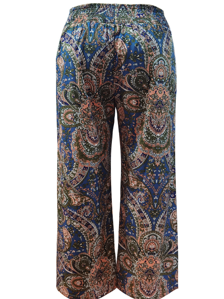 Plus Size Boho Pants, Women's Plus Geometric Print Waist Band Drawstring High Waist Wide Leg Pants