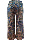 Plus Size Boho Pants, Women's Plus Geometric Print Waist Band Drawstring High Waist Wide Leg Pants