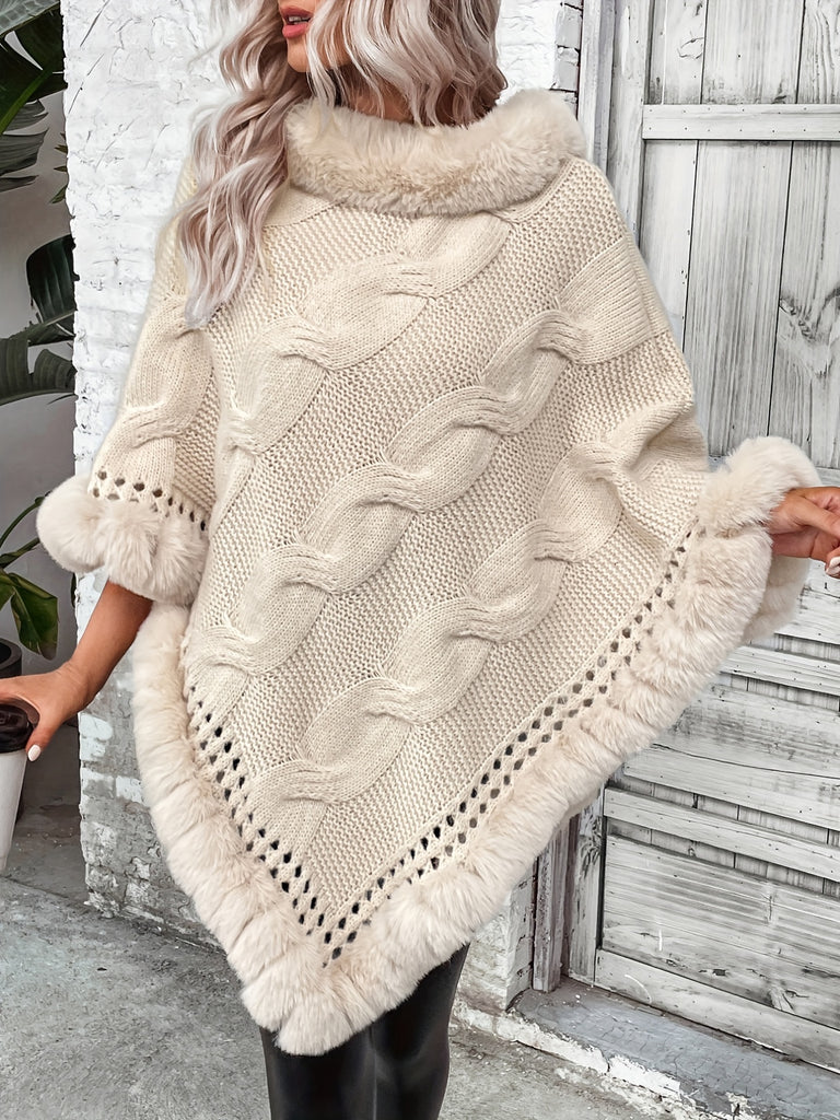 Cable Knit Faux-Fur Trim Cape Top, Elegant Solid Pullover Knitted Top For Fall & Winter, Women's Clothing