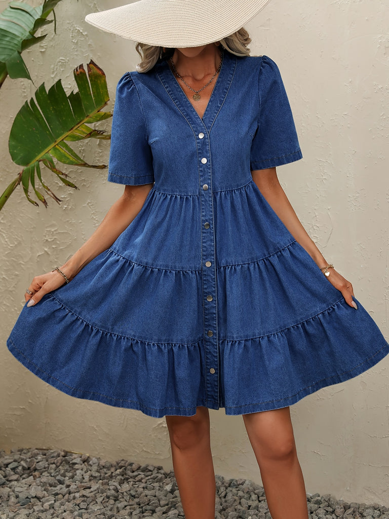 elveswallet  Blue V Neck Denim Dress, Single-Breasted Button Puff Short Sleeves Ruffle Denim Dress, Women's Denim Clothing