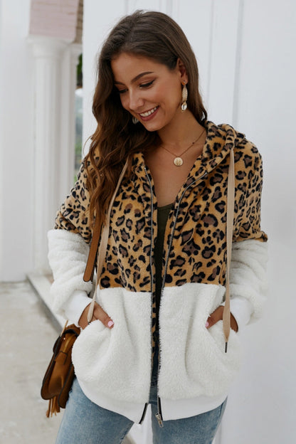 elveswallet Leopard Zipper Hooded Fluffy Coat