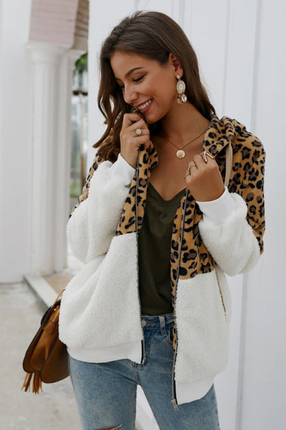 elveswallet Leopard Zipper Hooded Fluffy Coat