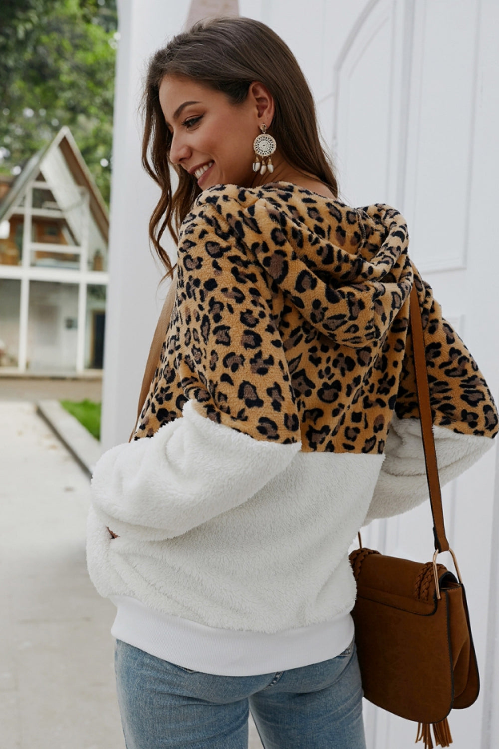 elveswallet Leopard Zipper Hooded Fluffy Coat