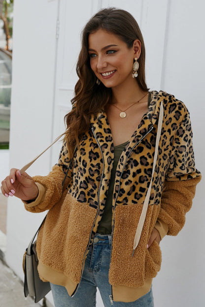 elveswallet Leopard Zipper Hooded Fluffy Coat