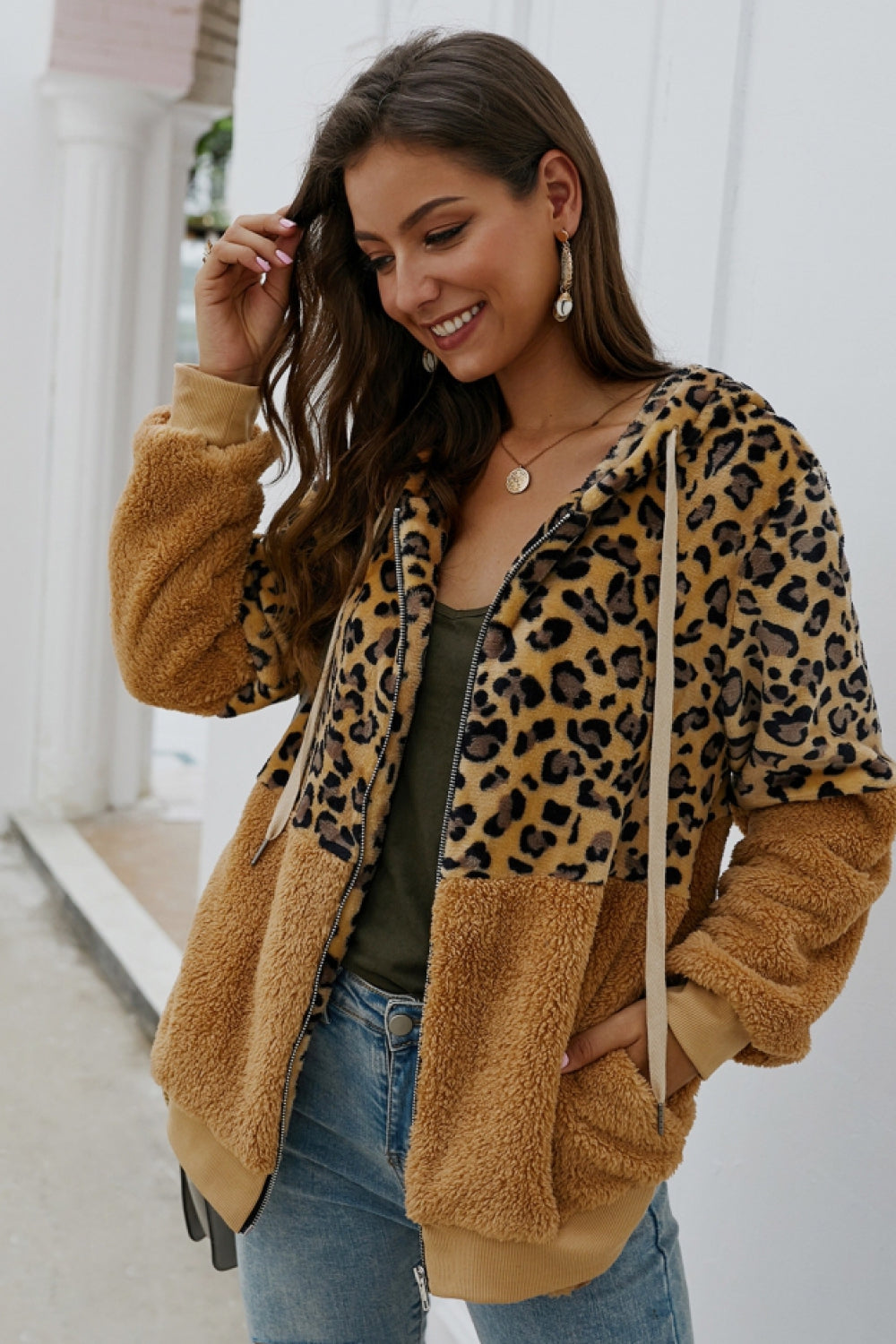 elveswallet Leopard Zipper Hooded Fluffy Coat