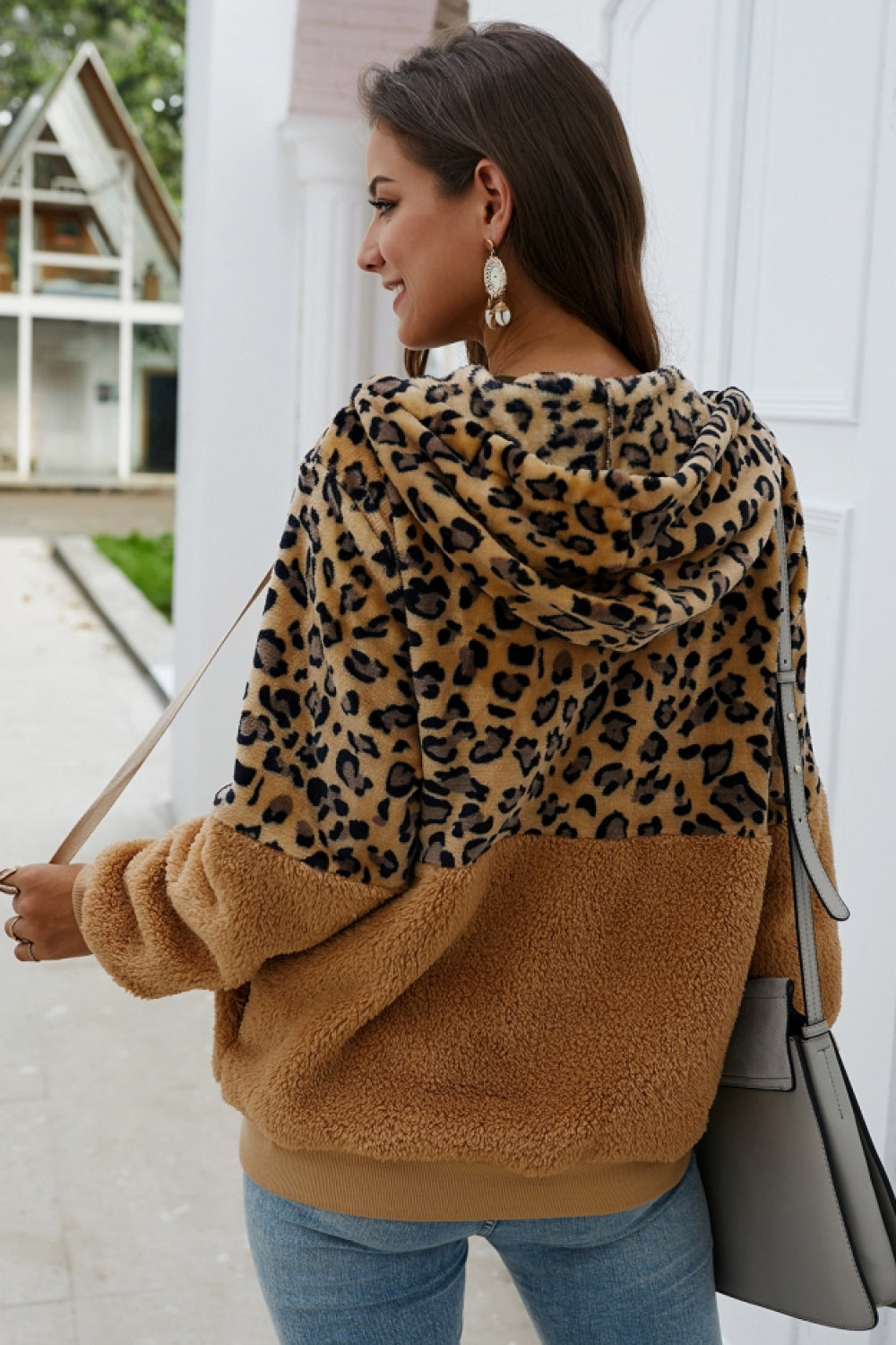 elveswallet Leopard Zipper Hooded Fluffy Coat