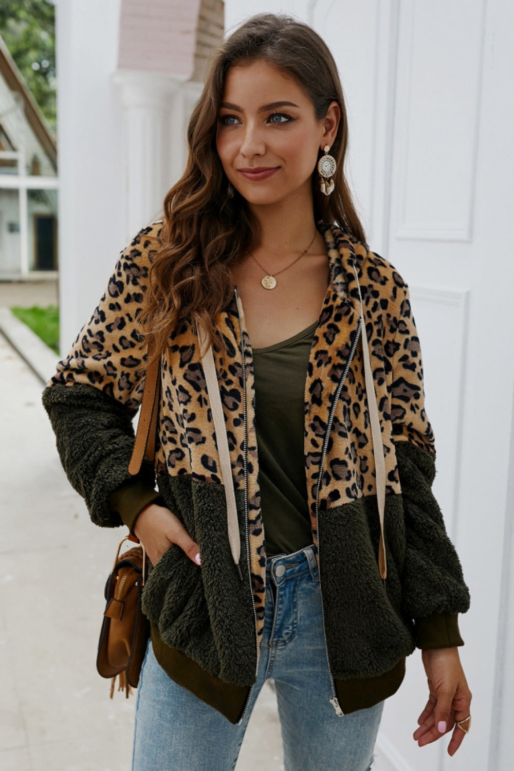 elveswallet Leopard Zipper Hooded Fluffy Coat