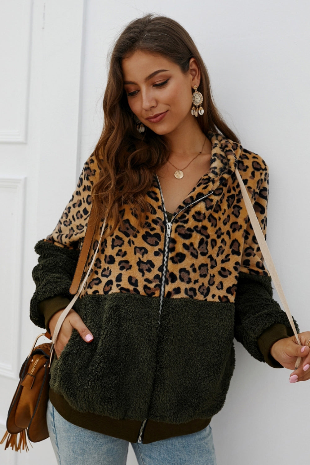 elveswallet Leopard Zipper Hooded Fluffy Coat