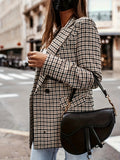 Houndstooth Print Lapel Blazer, Elegant Double Breasted Long Sleeve Outerwear, Women's Clothing